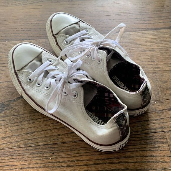 Converse All Stars beige with plaid trim lace up sneakers woman’s size 7.5 - Picture 6 of 9
